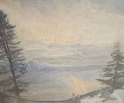 a painting of a man on skis on a snowy hill