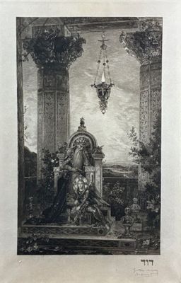 un vieux dessin représentant une femme assise sur un trône, avec un lustre en arrière-plan