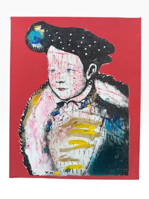 an image of a painting of a man with a hat on a red background