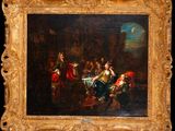 an oil painting of a group of people sitting around a table