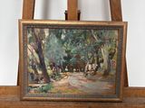 une peinture à l'huile représentant un paysage boisé, posée sur un chevalet en bois
