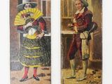two paintings of a man and a woman dressed in period clothing