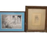 two framed pictures of a man and a woman sitting on a bench