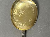 a close up of a gold spoon with a handle on a table