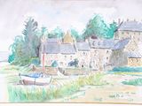 a watercolor painting of a boat in front of a house