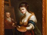 une peinture à l'huile représentant une femme tenant un pinceau et une palette