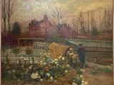 an oil painting of a woman tending flowers in a garden