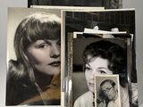 three photographs of a woman with a clock and a picture of a man