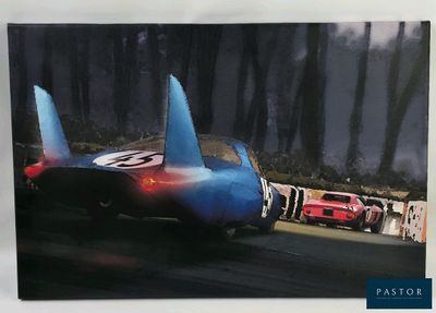 a picture of a painting of a race car on the track