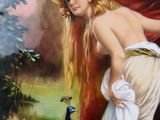 a painting of a woman with a peacock in her hand
