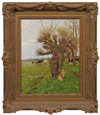 a painting of a dog sitting in a field next to a tree
