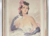 tableau représentant une femme en robe blanche, portant des gants et une fleur rose dans les cheveux