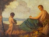 a painting of a woman sitting on a hill with two children