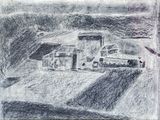 dessin au crayon représentant une ferme avec un tracteur et une grange