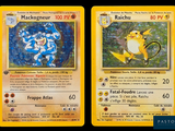 two pokemon cards with different designs on them on a black background