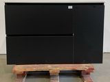 a black cabinet with a wooden bench in front of it