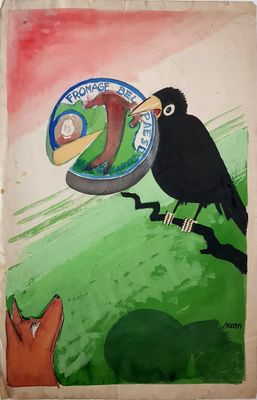 a painting of a bird sitting on a tree branch next to a plate of food