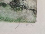 drawing of a tree in a field with a bird flying over it