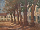 an oil painting of a street lined with trees in front of a white house