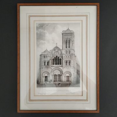 a drawing of a church with a clock tower in the middle of it