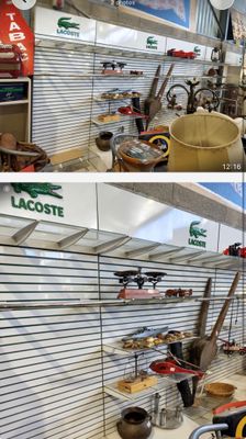 deux photos d'un magasin dont les rayons sont garnis de divers articles