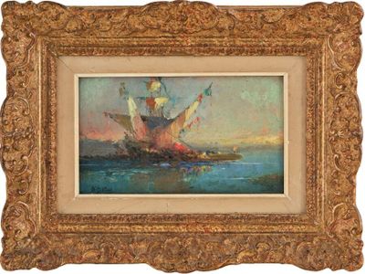 une peinture à l'huile représentant un bateau en mer, avec le ciel en arrière-plan