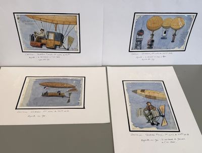 trois cartes représentant un avion et un homme à bord de cet avion