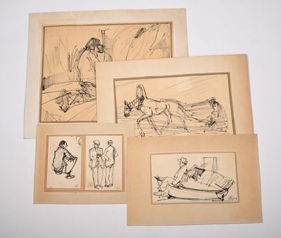 four drawings of people on a boat and a man on a boat