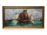 an oil painting of a sailboat in a body of water