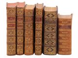 plusieurs vieux livres sont alignés sur une surface blanche