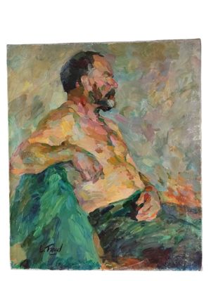 an oil painting of a man with a beard sitting in a chair