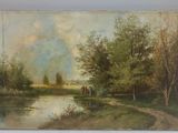 an image of a painting of a man and a woman on horseback by a river