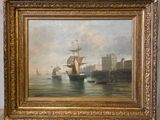 une peinture à l'huile représentant des bateaux dans un port, avec un château en arrière-plan