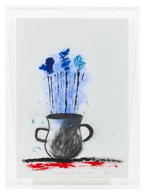 un dessin représentant un vase contenant des fleurs bleues