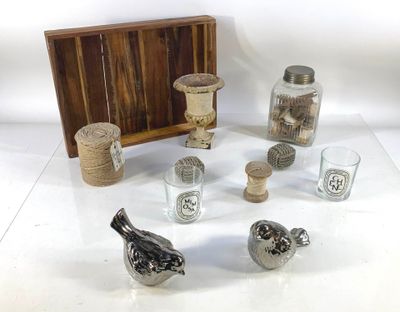 beaucoup de bouteilles en verre et un oiseau posé sur une table