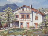 painting of a white house with a brown roof and a red roof