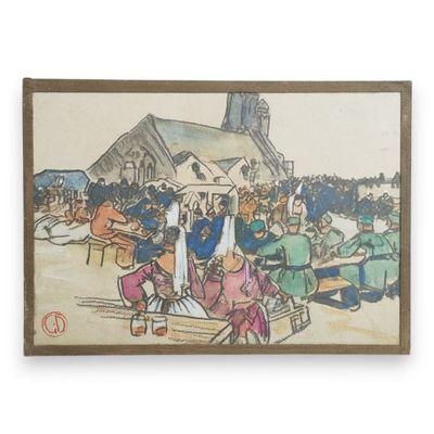 a painting of a group of people in front of a church