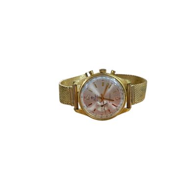 an image of a gold watch with a pink dial on a white background