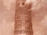 an old picture of a tall tower with smoke coming out of it