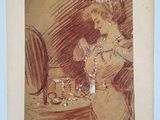 une vieille photo représentant une femme assise à une table devant un miroir