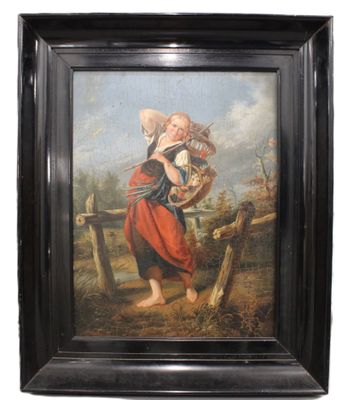 an oil painting of a woman carrying a basket of flowers