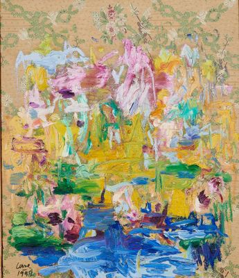 a painting of a painting of flowers in a vase on a table
