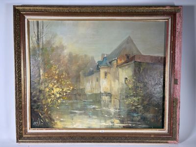 une peinture à l'huile représentant une maison au bord d'une rivière, dans un cadre