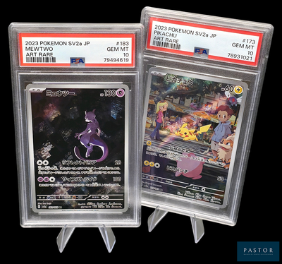 Deux cartes à collectionner Pokémon sont présentées dans des pochettes en plastique sur un fond noir.