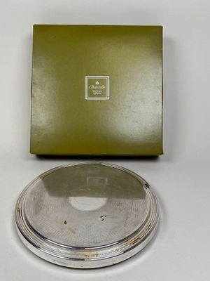 an image of a silver plate with a green box in the background