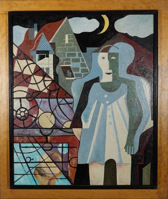 painting of a man and a woman standing in front of a building