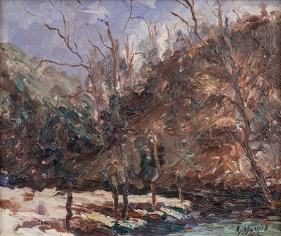 une image représentant un tableau d'une rivière dans un paysage enneigé