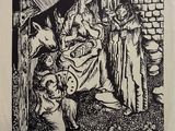 a black and white drawing of a woman sitting in front of a group of animals