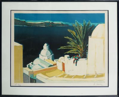 une image représentant une peinture d'un paysage marin avec des bâtiments