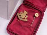 a gold brooch in a red case on a white table